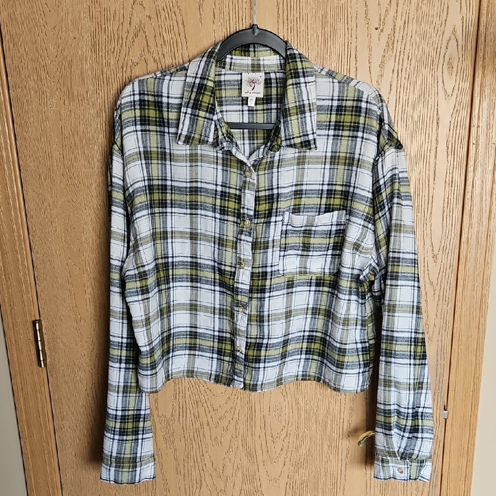 Self Esteem Blue and Green Plaid Cropped Flannel
